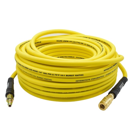 Interstate Pneumatics 1/4in 100 ft Yellow Hybrid Polymer Hose With 1/4in Brass Industrial 6-Ball Coupler & Steel Plug HH14-100H44BS